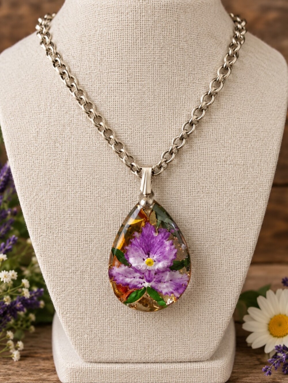 Art Glass Vintage Orchid Flower Pendant & Silver Chain Necklace